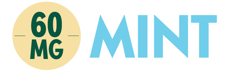 Logo with '60 MG' in green on a yellow circle and 'MINT' in blue text on a white background