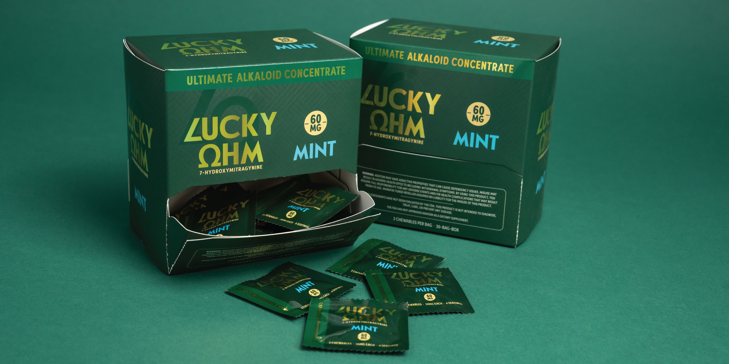 Two boxes of Lucky Ohm Mint on a green background