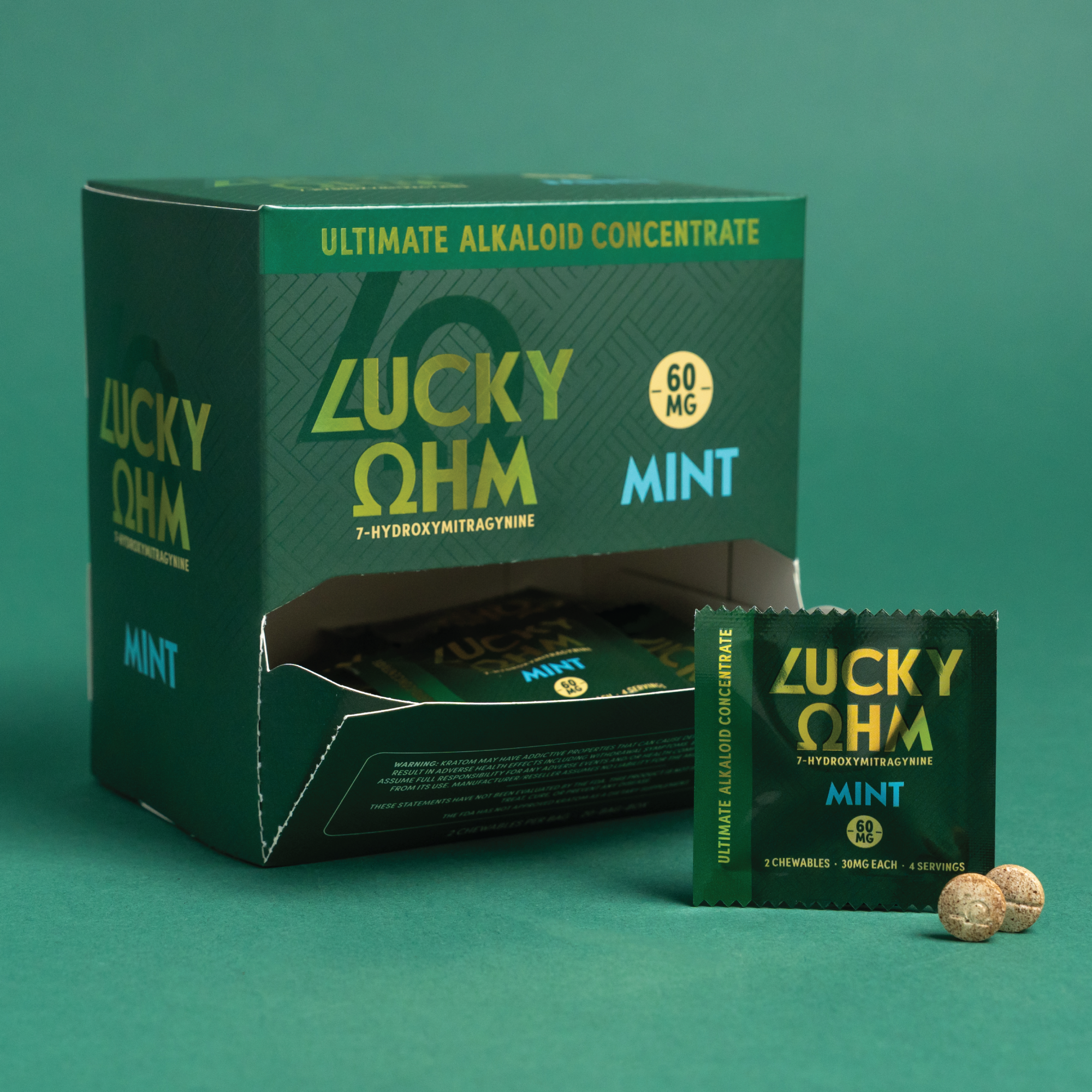Lucky Omega Mint product packaging on a teal background