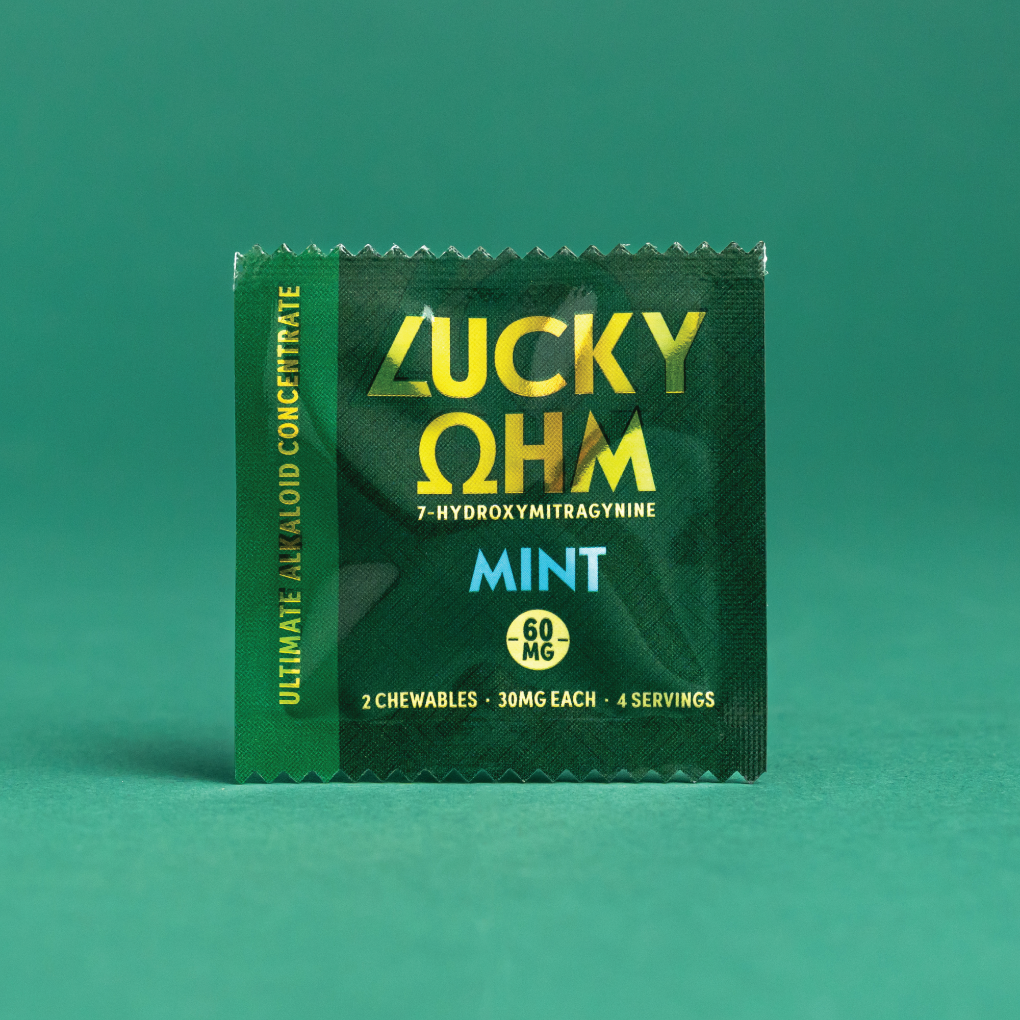 Green packaging of Lucky OHM on a teal background