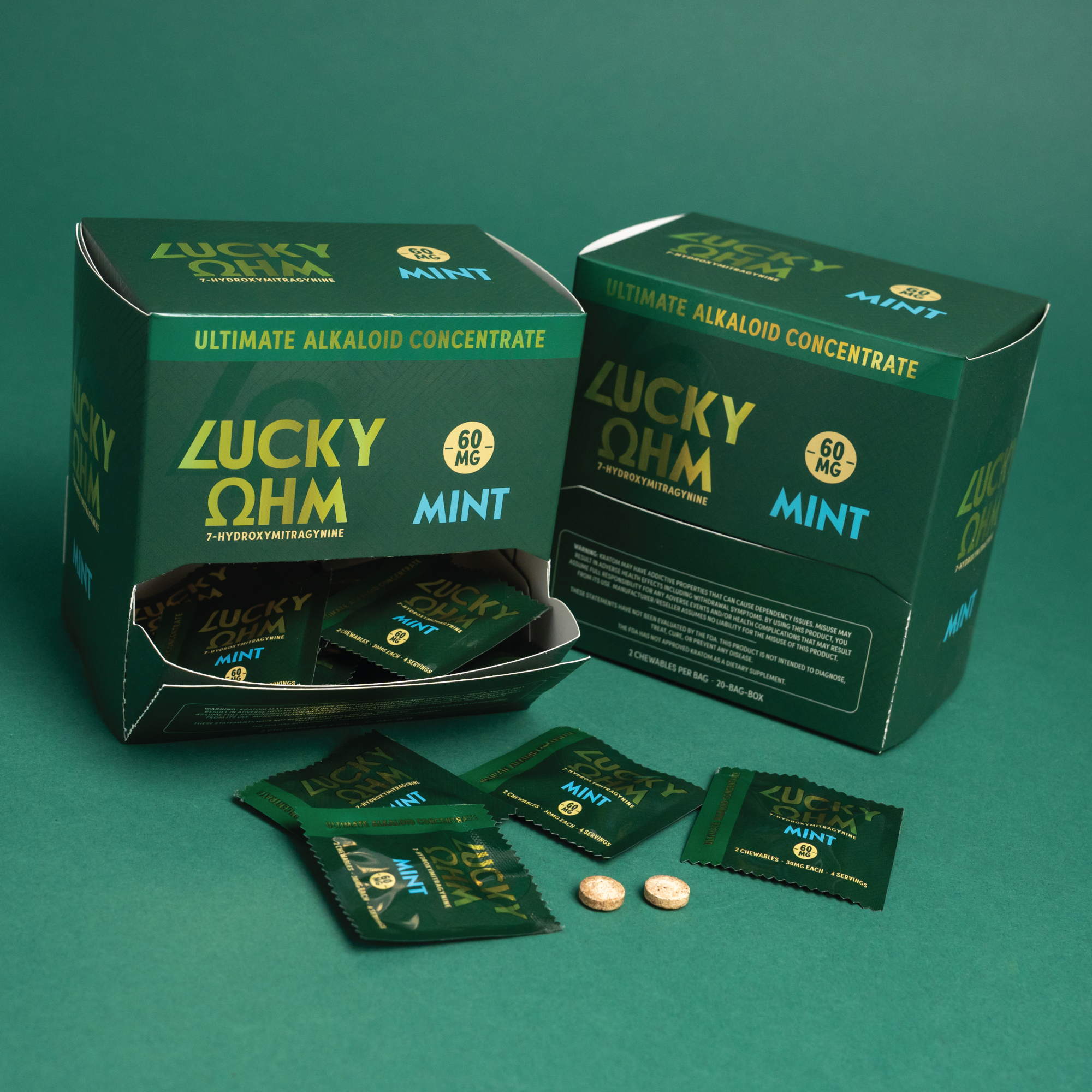 Green packaging of Lucky OHM Mint product on a green background