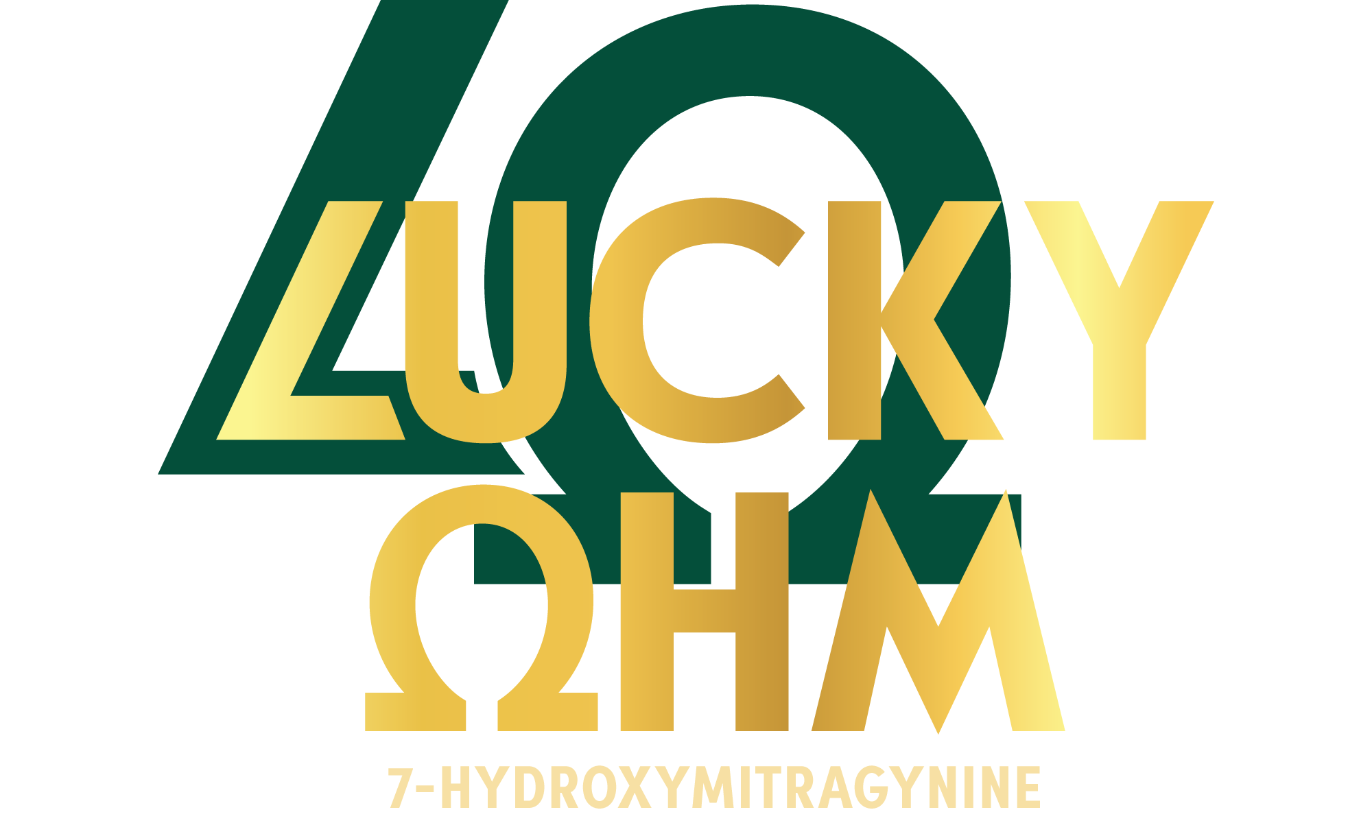Gold text 'LUCKY' and '7-HYDROXYMITRAGYNINE' on a green circular background